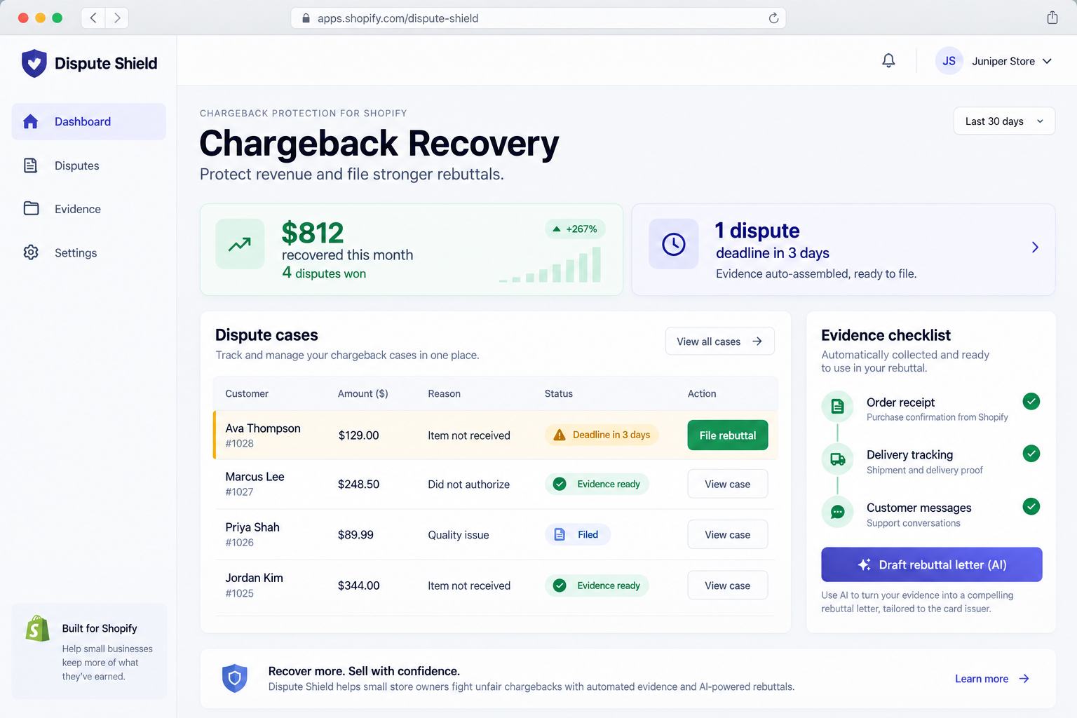 Dispute Shield dashboard: chargeback recovery for Shopify sellers